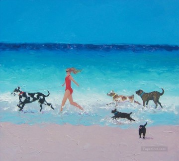 犬 Painting - ビーチを走る女の子と犬